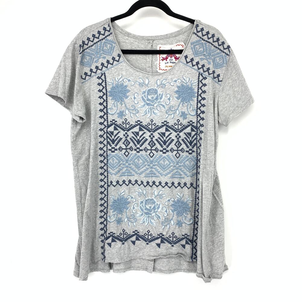 Johnny Was Womens L Gray Embroidered Top Blue Floral Geometric Boho Short Sleeve